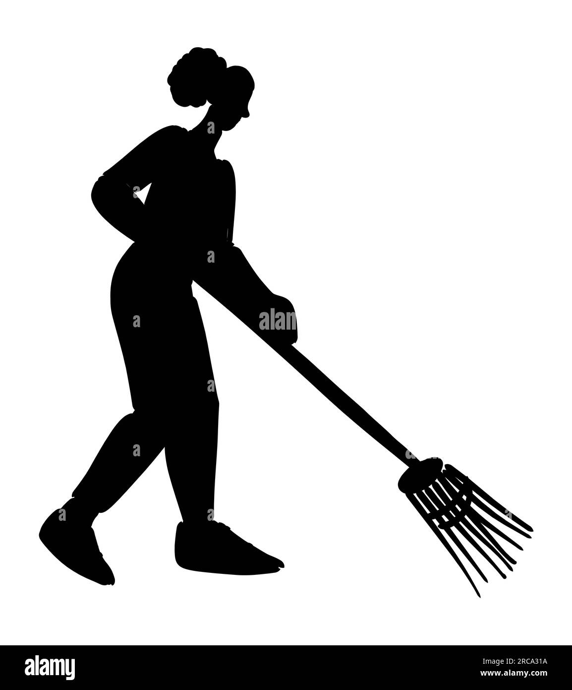 Schwarze Silhouette einer Frau, die Blätter mit einer Harke sammelt. Gartenkonzept, Hausarbeiten, Vektor isoliert auf weißem Hintergrund Stock Vektor