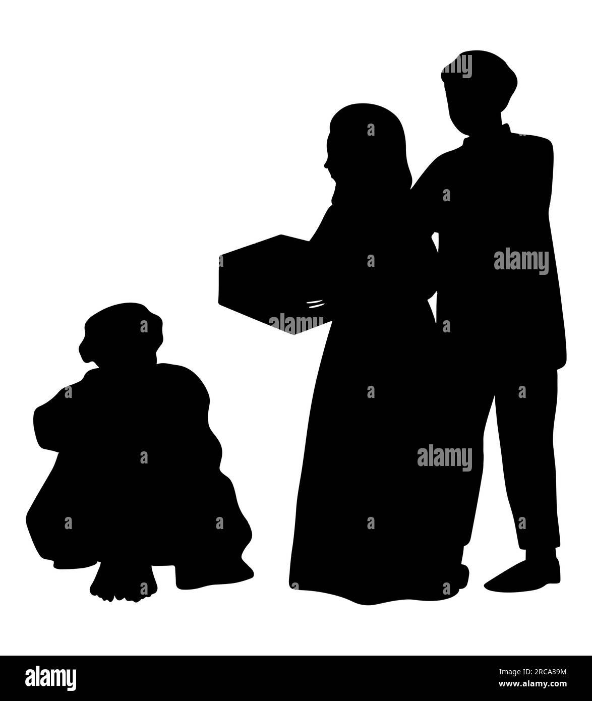 Schwarze Silhouette eines Paares, das einem Obdachlosen eine Wohltätigkeitsveranstaltung übergibt, Vektordarstellung isoliert auf weißem Hintergrund Stock Vektor