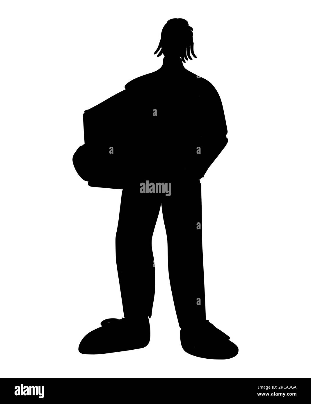 Schwarze Silhouette eines müden Büroangestellten, der Kartons trägt, nachdem er aus dem Büro gefeuert wurde, ein arbeitsloser Mann, Arbeitslosenvektor isoliert auf weiß Stock Vektor