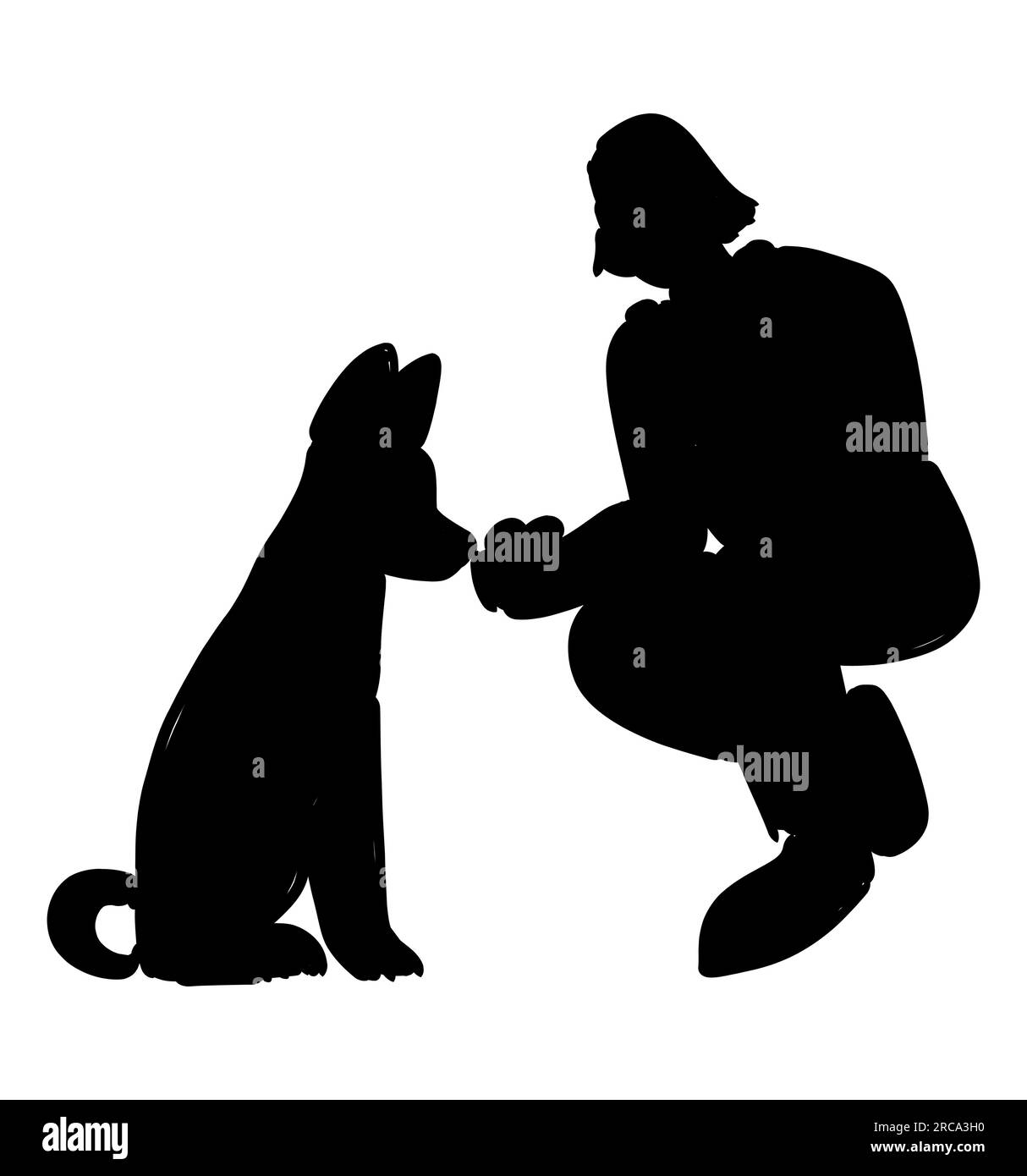 Schwarze Silhouette einer Frau, die ihren Hund liebt, Konzept der Tieradoption, weibliche Besitzerin, die mit ihrem Haustier spielt, Vektor isoliert auf weißem Hintergrund Stock Vektor
