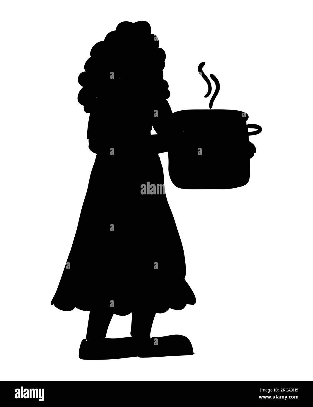 Schwarze Silhouette einer jungen mutter, die in der Küche kocht, eine Frau, die Utensilien in der Hand hält, weiblicher Kochvektor isoliert auf weißem Hintergrund Stock Vektor