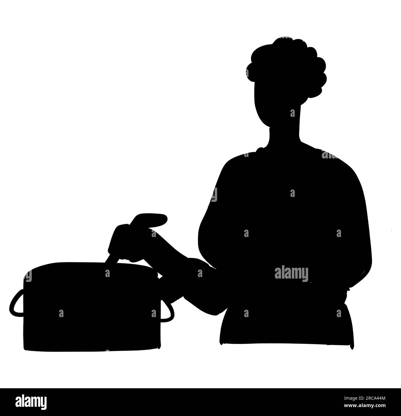 Schwarze Silhouette einer mutter, die ein Gericht in der Küche kocht, eine weibliche Köchin, eine weibliche Köchin, ein Vektor isoliert auf weißem Hintergrund Stock Vektor