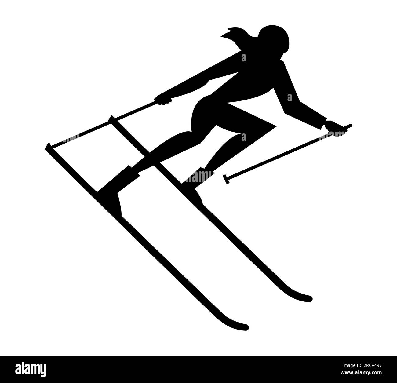 Schwarze Silhouette einer Skifahrerin, Skifahrerin auf den Hügeln, Vektordarstellung isoliert auf weißem Hintergrund Stock Vektor