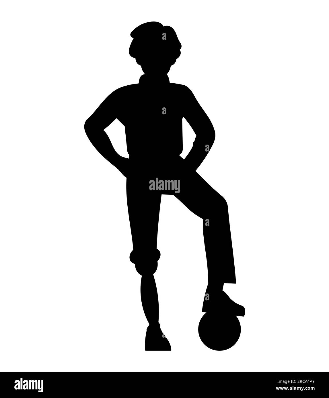 Schwarze Silhouette eines männlichen Fußballspielers, Männersport, eine männliche Figur, die mit dem Fuß auf einem Ball steht, Vektordarstellung isoliert auf Weiß Stock Vektor