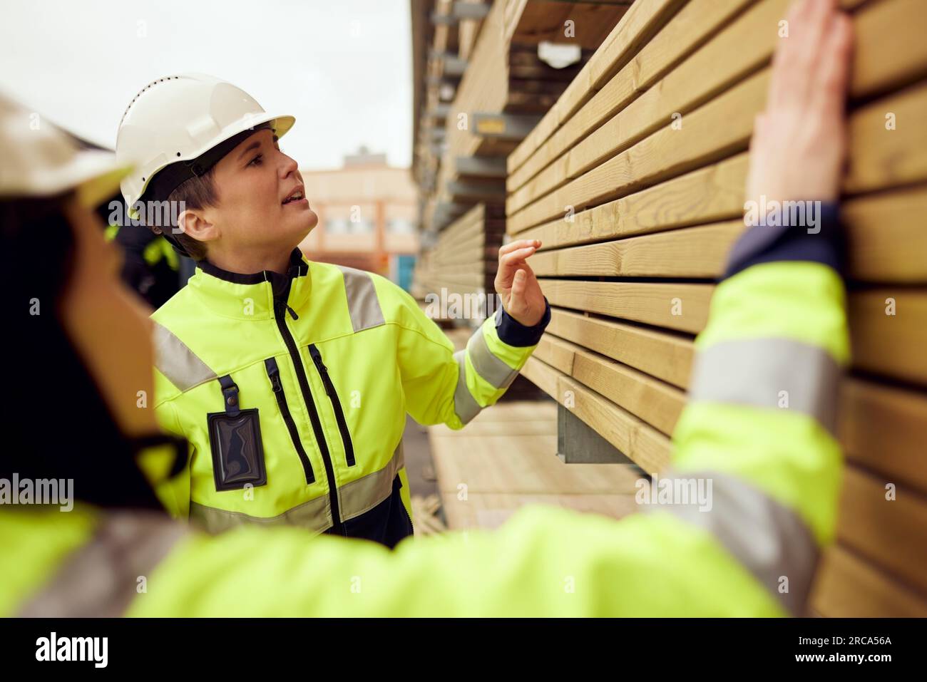 Weibliche Arbeiter, die Bretter in der Industrie untersuchen Stockfoto