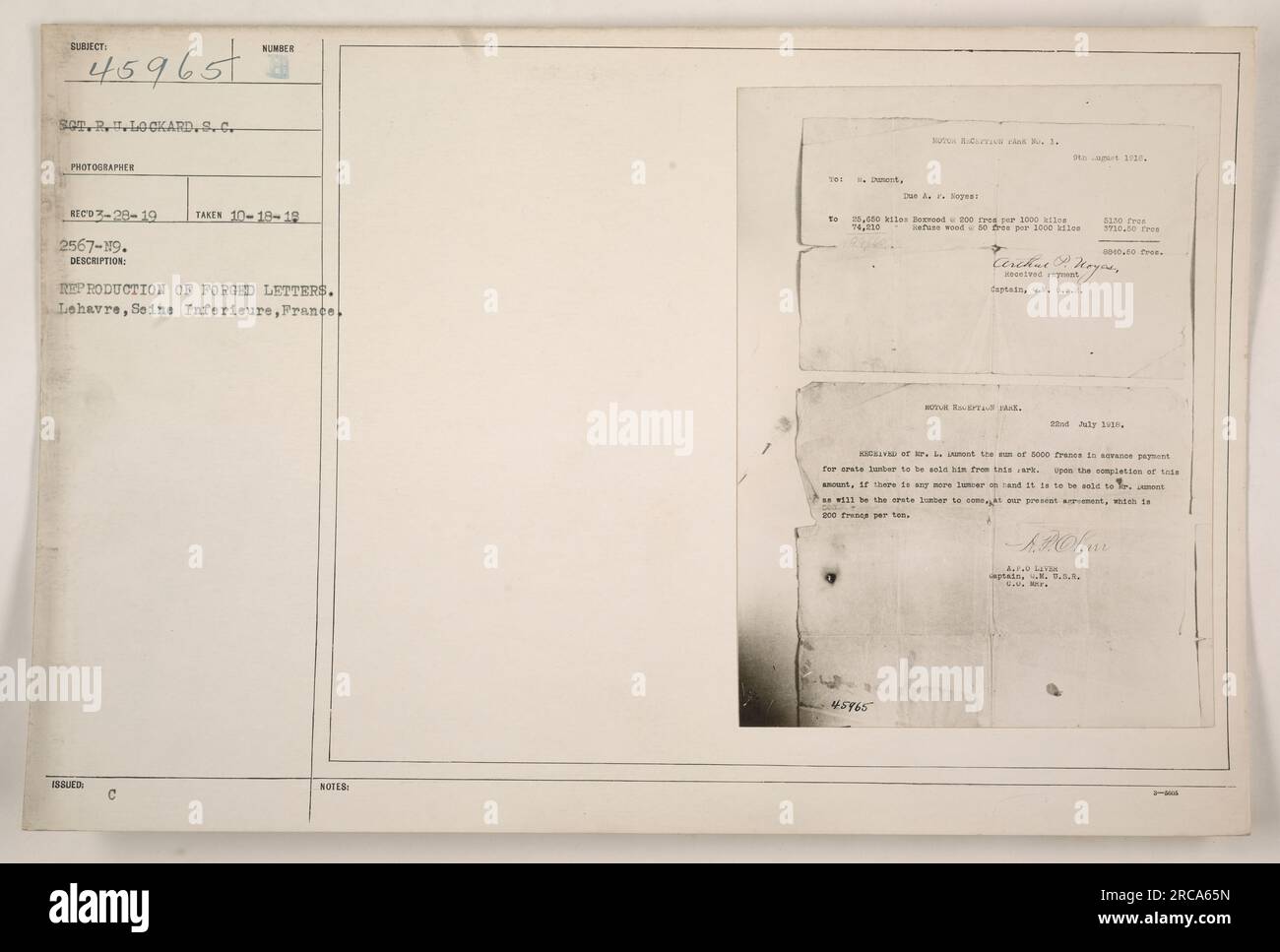 Vervielfältigung gefälschter Briefe in LeHavre, seine Inferieure, Frankreich. Das Foto wurde am 19. Oktober 1919 von S.C. aufgenommen Lockard, ein Fotograf. Die Beschreibungsnummer lautet 2567-19. Diese Briefe wurden als Beweismittel oder zu Ermittlungszwecken reproduziert. Stockfoto