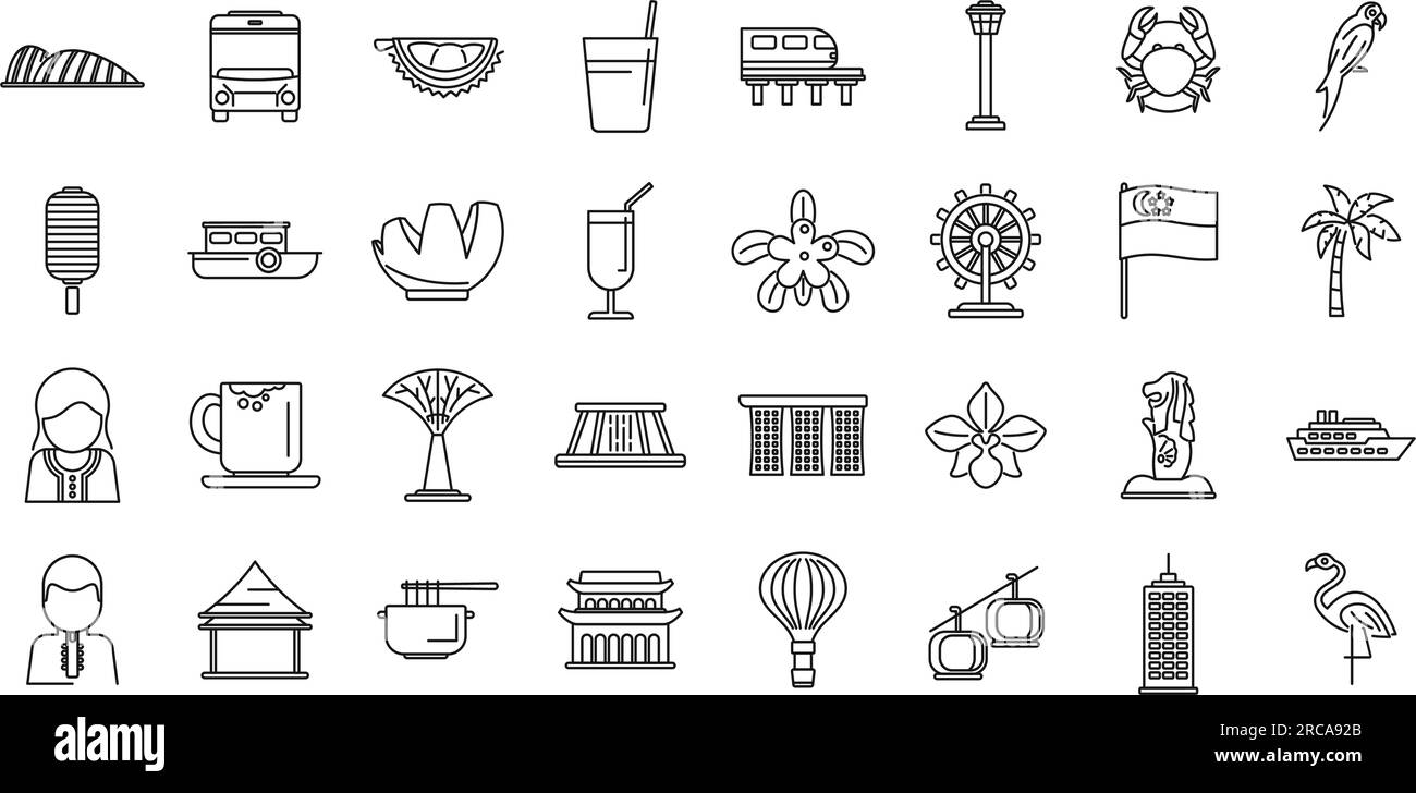 Symbole in Singapur legen den Konturvektor fest. Park Flughafen. Stadtpalmen Stock Vektor