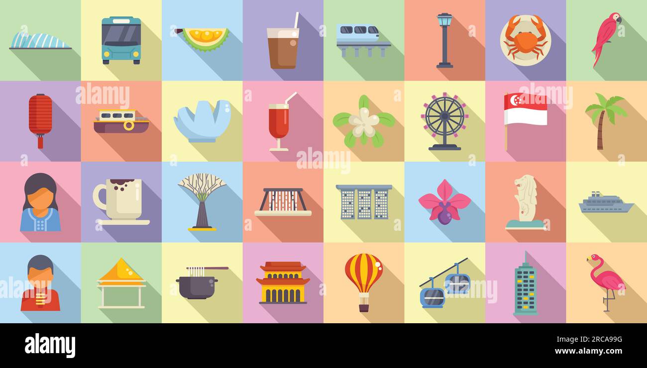 Singapur-Symbole legen einen flachen Vektor fest. Park Flughafen. Stadtpalmen Stock Vektor