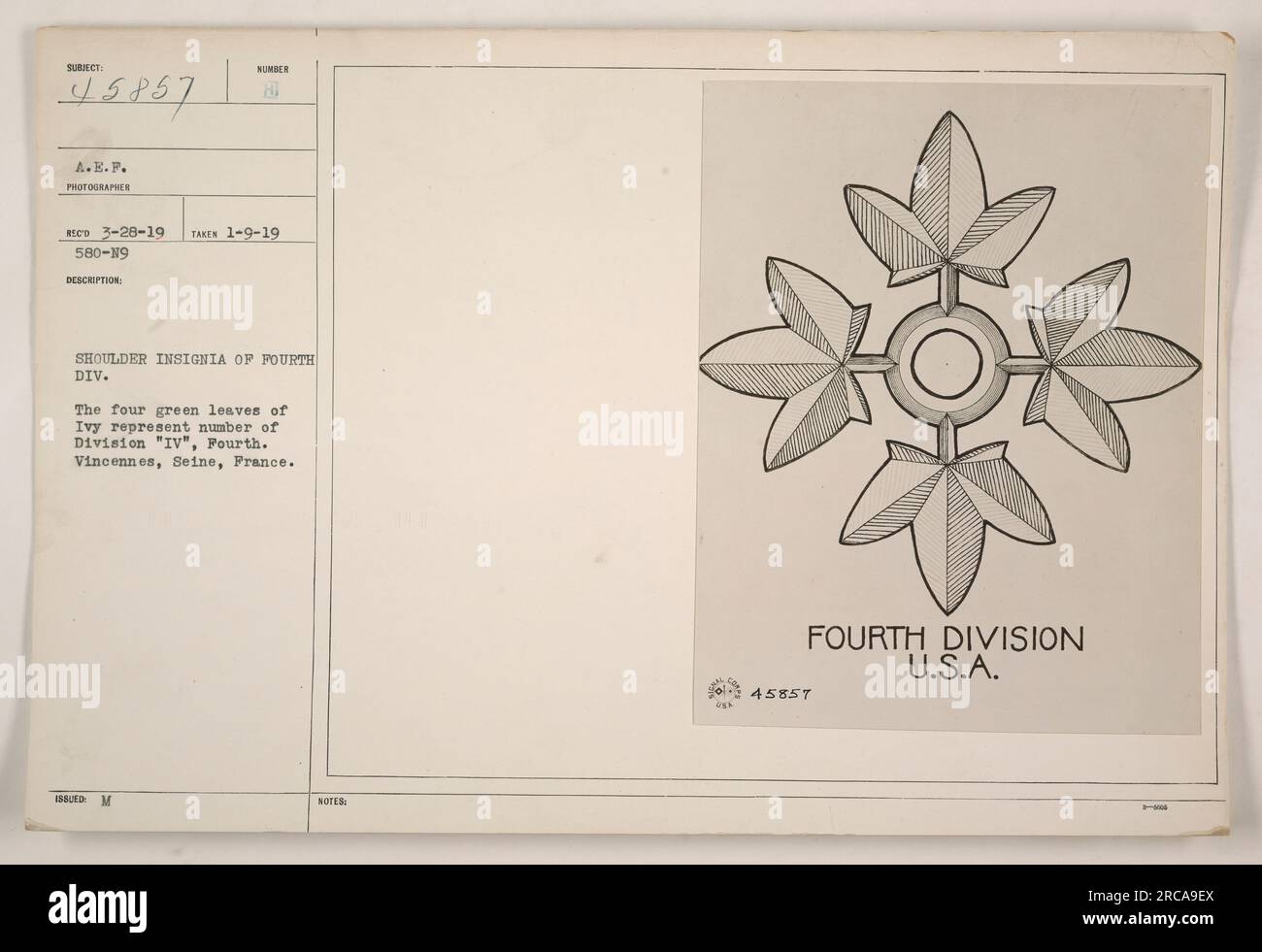 Das Foto zeigt die Schulterabzeichen der vierten Division, mit vier grünen Blättern, die die Zahl vier darstellen. Das Foto wurde am 9. Januar 1919 in Vincennes, seine, Frankreich, aufgenommen. Das Abzeichen ist eine Darstellung der Vierten Division der US-Armee, auch bekannt als Ivy Division. Das Bild ist Teil der Sammlung der American Expeditionary Forces (AEF) mit der Referenznummer 95857. Stockfoto