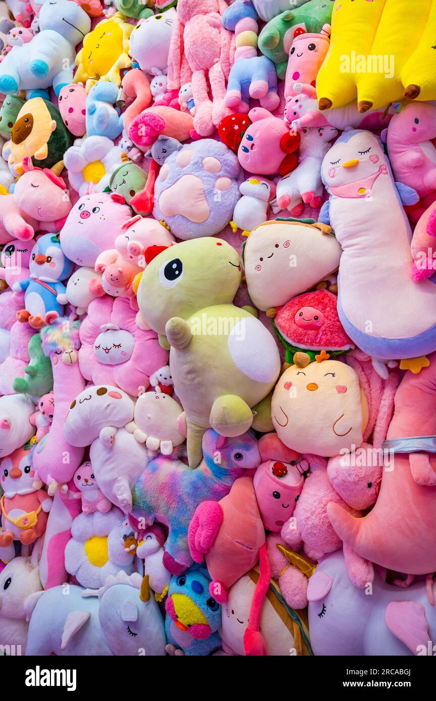 Wall of Pastellfarben Plüschspielzeug, WONDR Experience, Amsterdam, Niederlande Stockfoto