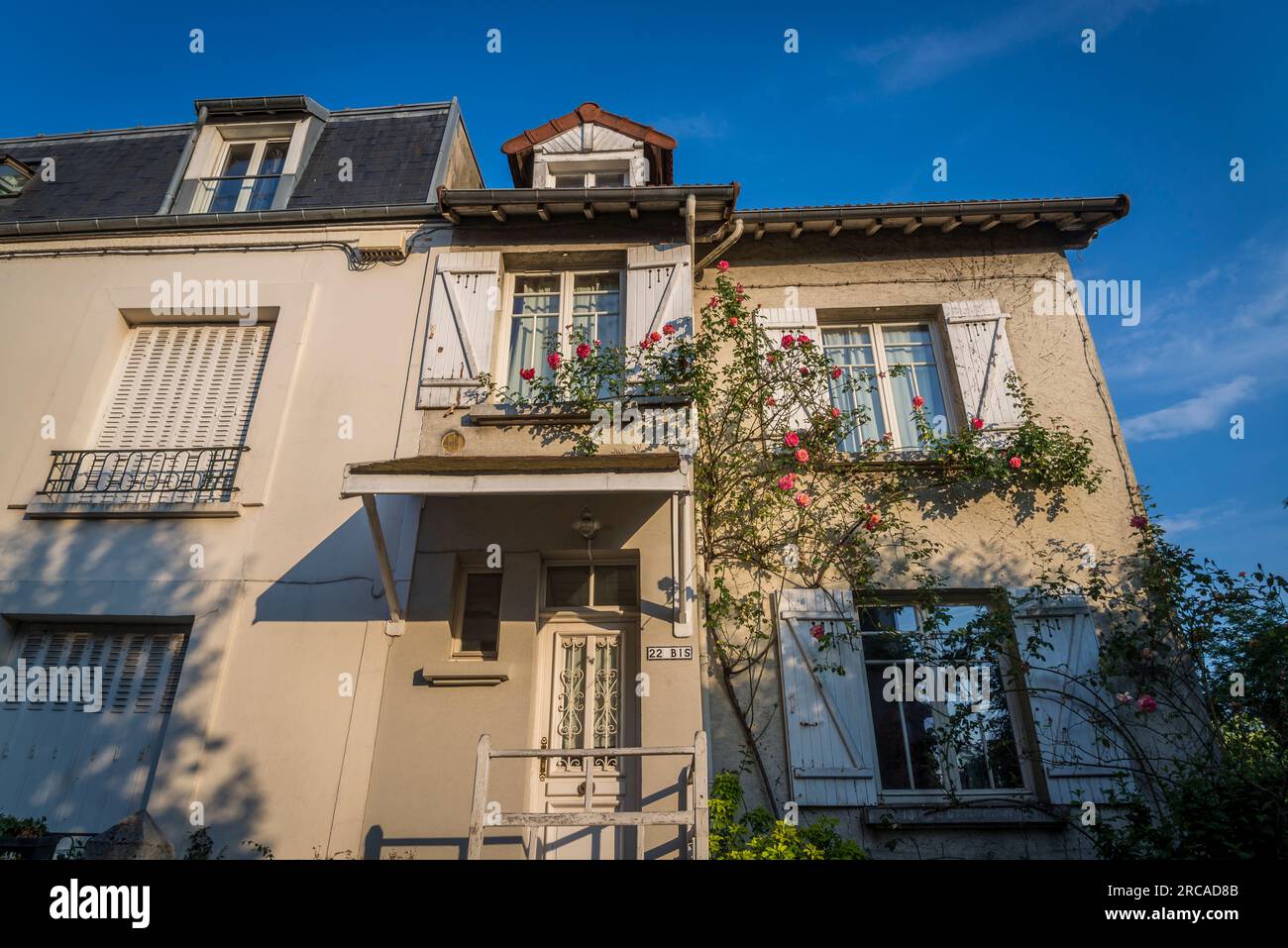 Die Landschaft in Paris, La Campagne à Paris, eine bezaubernde Wohngegend, die aus dem 1907. Arrondissement 20., Paris, Frankreich, entwickelt wurde Stockfoto