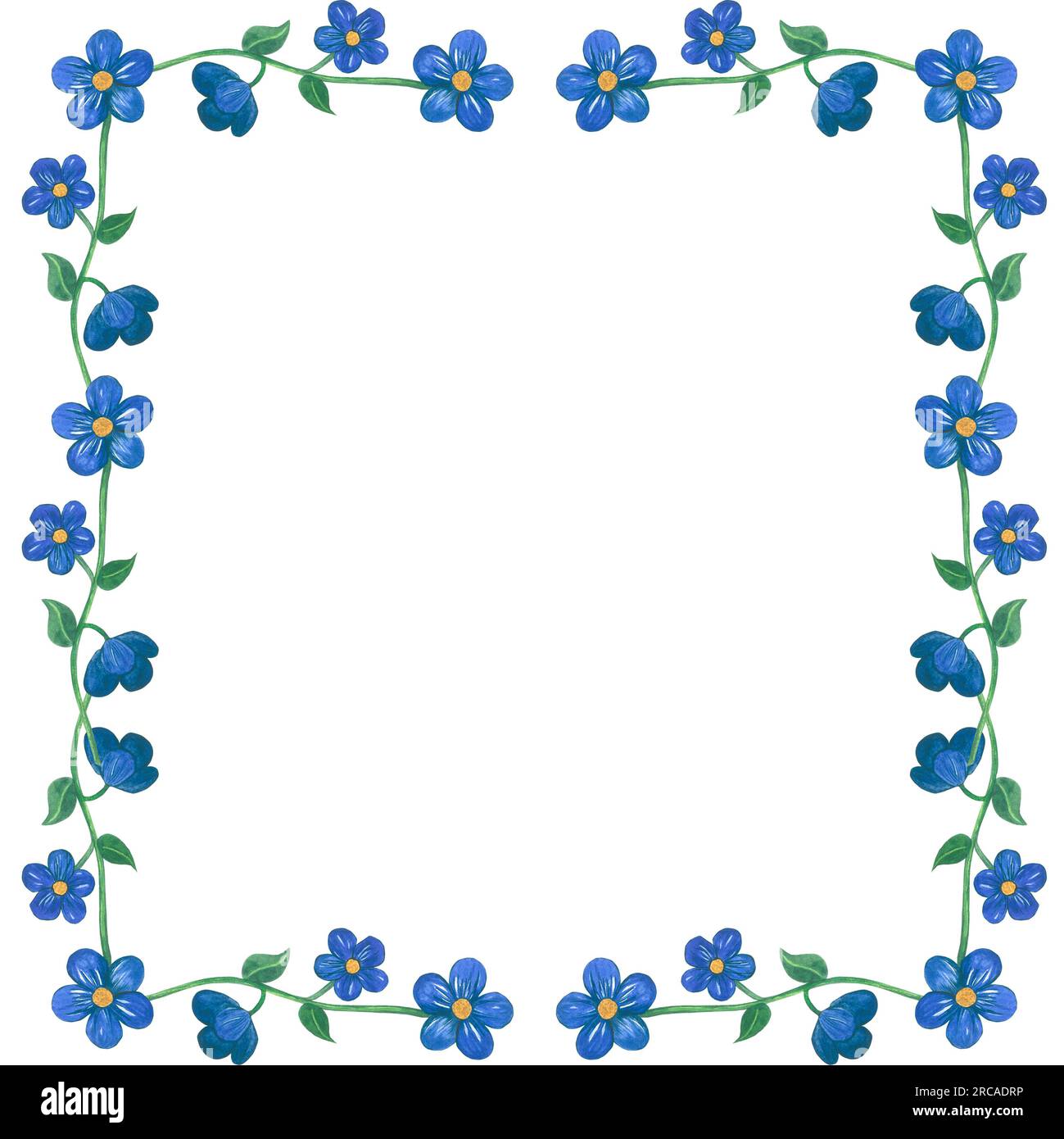 Quadratischer Blumenrahmen auf weißem Hintergrund. Die Darstellung der Aquarelle wird von Hand erstellt Stockfoto