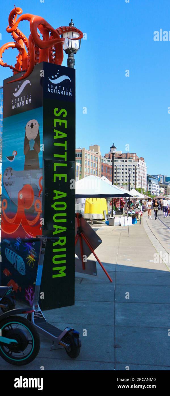 Schildern Sie für das Seattle Aquarium mit Kraken-Tentakeln Pier 59 Alaskan Way Seattle Washington State USA Stockfoto