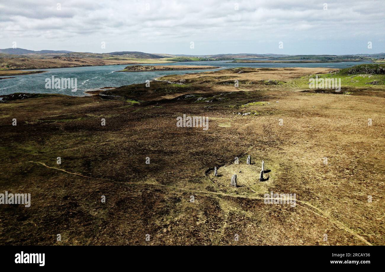 Garynahine prähistorischer neolithischer Steinkreis alias Callanish IV. Calanais IV Isle of Lewis, Äußere Hebriden. Nach Westen schauen Stockfoto