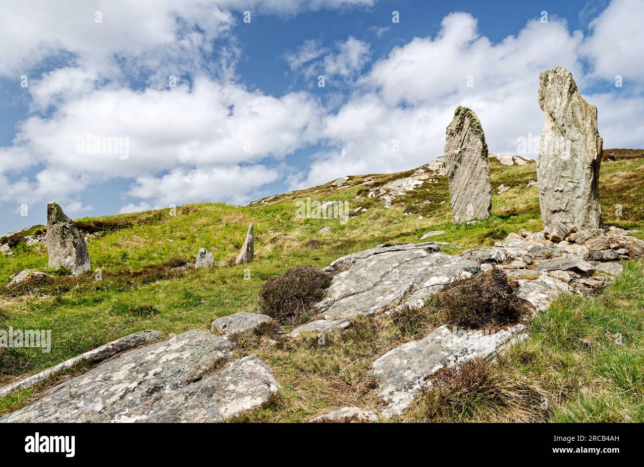 Callanischer VIII. Prähistorischer, jungsteinzeitlicher Steinkreis. Isle of Lewis, Äußere Hebriden. Halbkreisförmige Megalitheinstellung am Klippenrand. Die Luft sieht aus wie NW Stockfoto