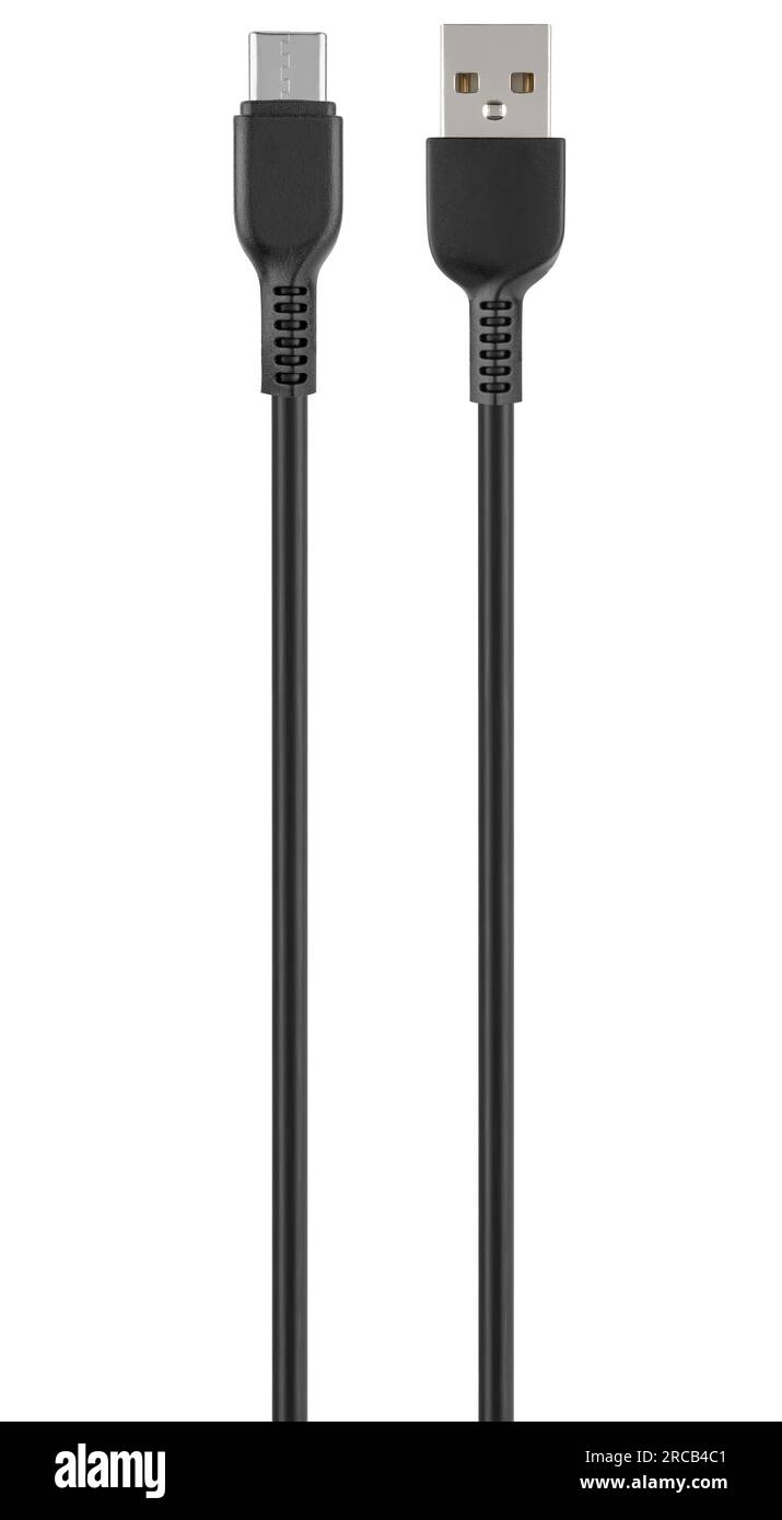 Kabel mit USB- und Typ-C-Steckverbinder, isoliert auf weißem Hintergrund Stockfoto