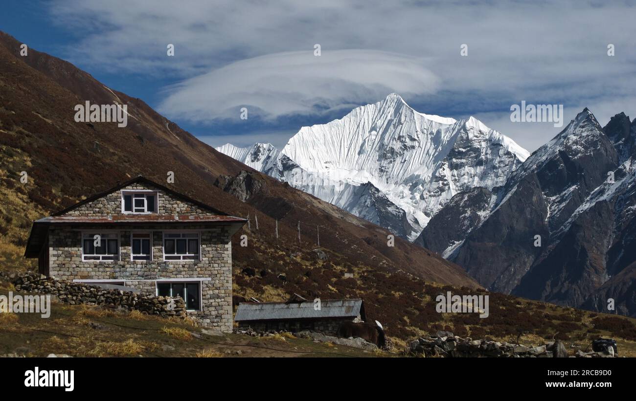 Lodge und schneebedeckter Yala Peak, Szene im Langtang-Tal, Nepal Stockfoto
