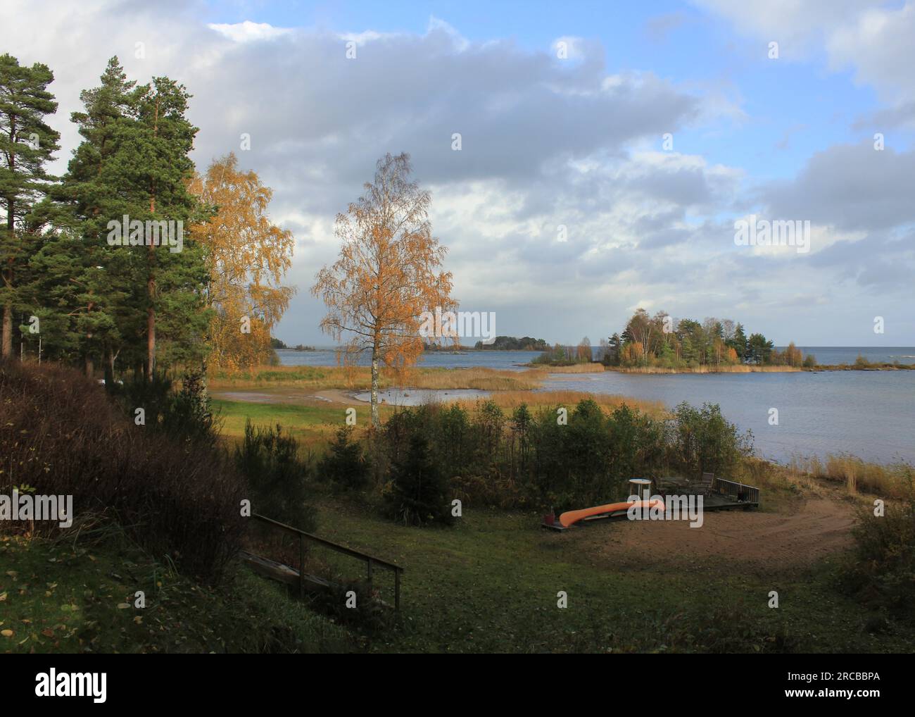 Goldene Bäume und Insel in der Nähe des Ufers von Lake Vanern, Schweden Stockfoto