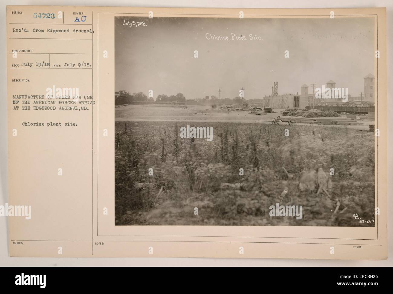 Abbildung: Herstellung von Gasen für die amerikanischen Streitkräfte im Ausland im Edgewood Arsenal in Maryland. Das Foto zeigt den Standort der Chloranlage an diesem Standort. Das Foto wurde am 9. Juli 1918 aufgenommen und ist Teil einer Sammlung aus dem Edgewood Arsenal. Stockfoto