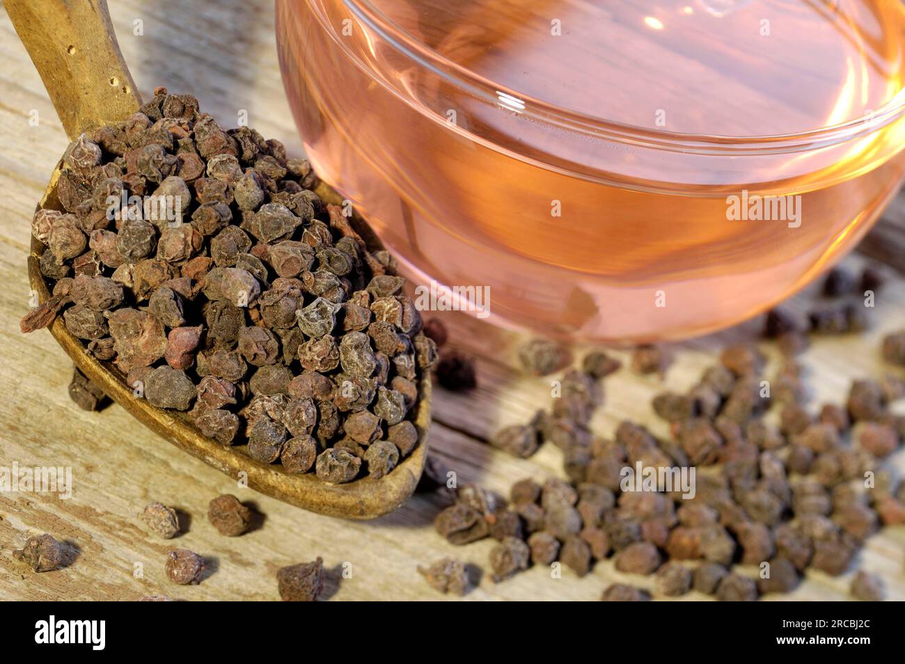 Tasse Schisandra Tee, Beerentraube, Chinesische Cleavers, Obst mit fünf Geschmacksrichtungen, Obst mit fünf Geschmacksrichtungen, Chinesischer Limettenbaum (Schisandra chinensis), Chinabras Stockfoto