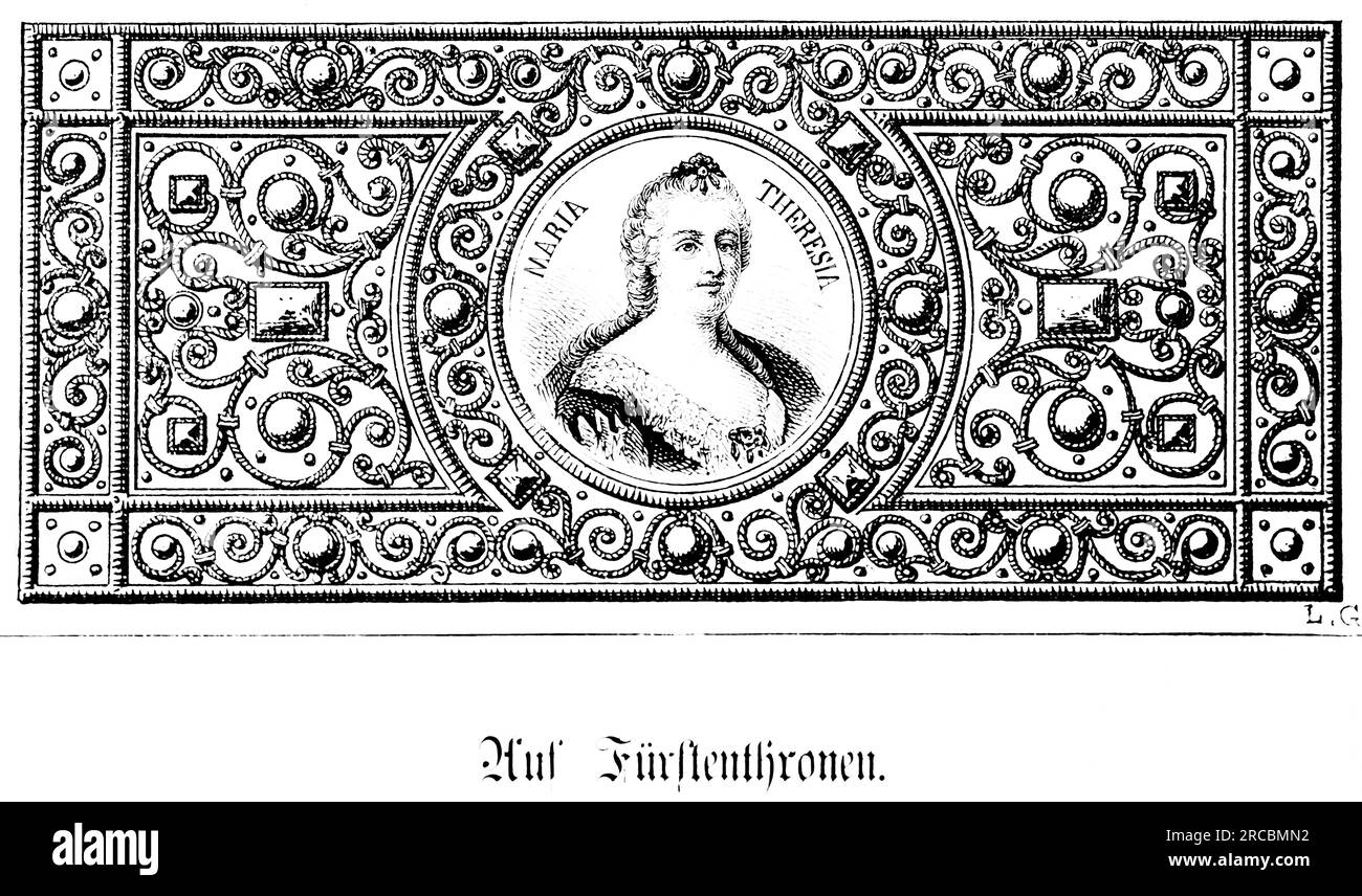 Maria Theresa, Porträt, Zierrahmen, Kaiserin, Österreich, Von vorne, wichtige Frau, 18. Jahrhundert, historische Illustration 1894 Stockfoto