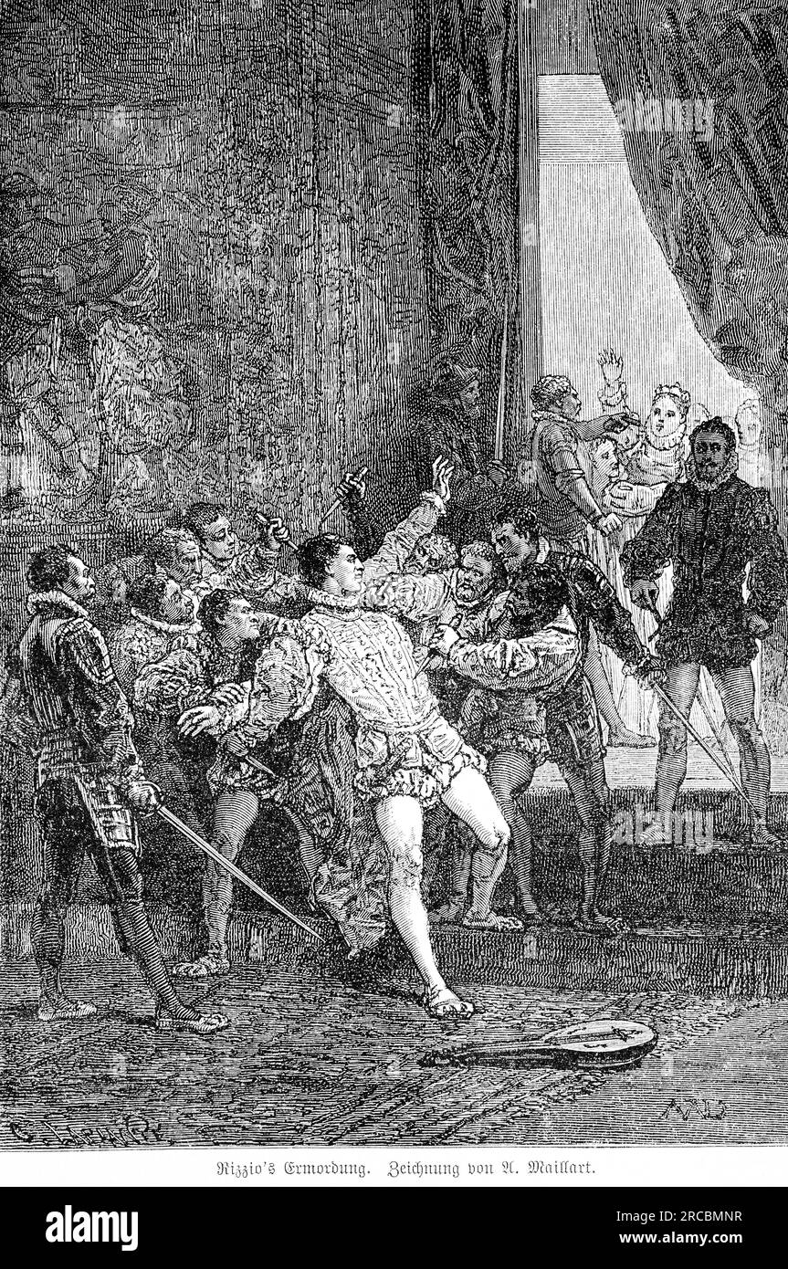 Rizzios Mord, Dolch, Zimmer, Schloss, Männer, Gruppe, italienische Sängerin, Liebhaberin, Königin Mary Stuart, Ehemann Darnley, Mord, England, wichtige Frau, 16. Stockfoto