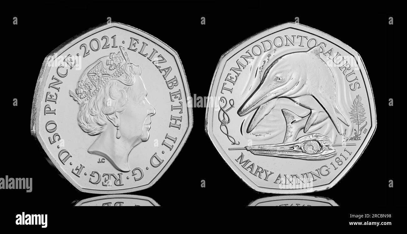 50p-Euro-Münze für Großbritannien mit einem Temnodontosaurus aus der Dinosauria-Kollektion von 2021 Stockfoto