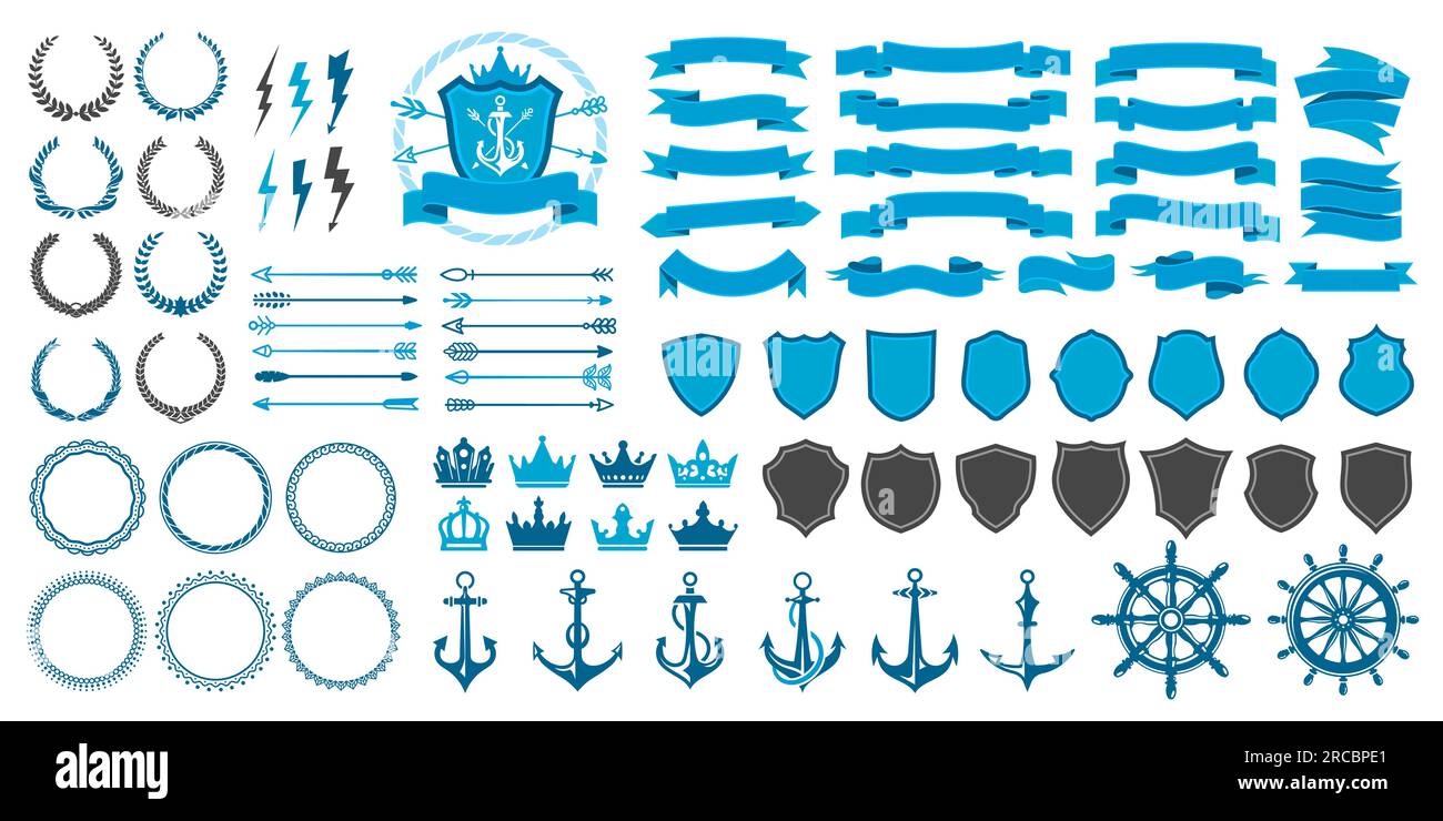 Vintage-Abzeichen, Siegel, Lorbeerkranz und Krone, Pfeil, Anker und Vektorobjekte. Marine-, nautische oder Marineheraldensymbole und Heraldry-Schilder für den königlichen Yachtclub mit Anker und Ruder Stock Vektor