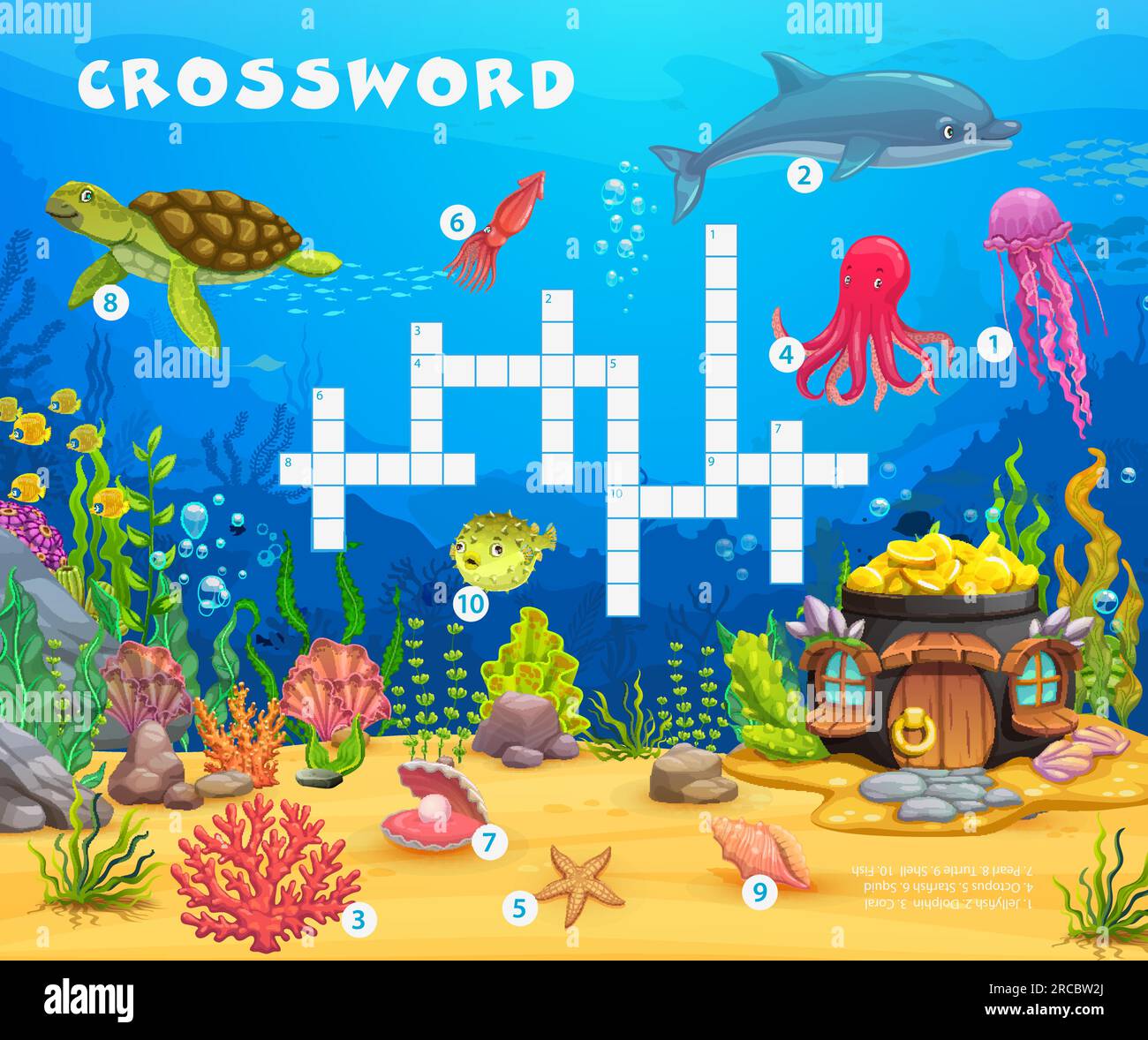 Kreuzworträtsel-Quiz. Cartoon-Meerestiere, Fische und Pflanzen. Vektorworträtsel-Arbeitsblatt, Kinder Puzzle-Quiz-Raster mit Quallen, Delfinen, Korallen und Kraken. Seesterne, Kalmare und Perlen, Schildkröten oder Muscheln Stock Vektor