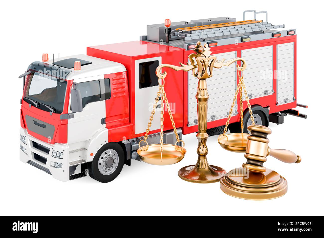 Feuerwehrauto mit Holzhammer und Justizwaage. 3D-Rendering auf weißem Hintergrund isoliert Stockfoto