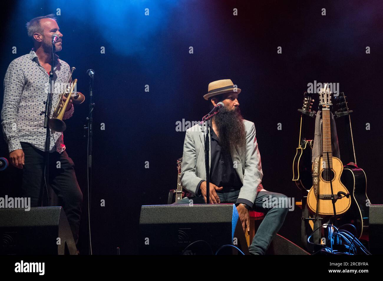 Hundeshow-Sessions, Handvorstellung und Track Dogs, die live auf der Bühne des GTSF-Musikfestivals 2023 in Southwell, Nottinghamshire, gespielt werden. Stockfoto