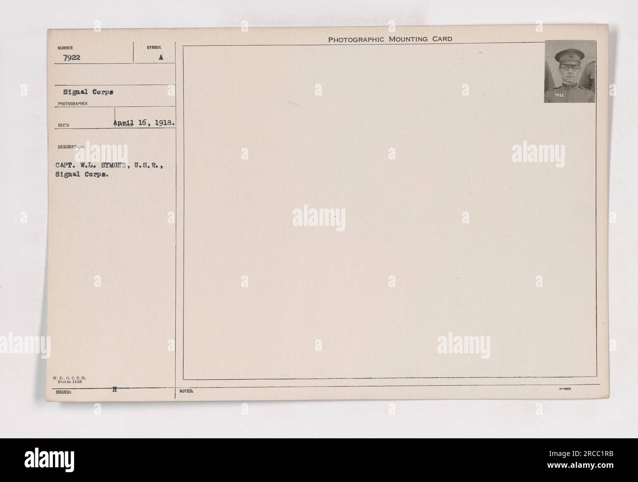 Dieses Bild zeigt Captain W.L. Symons aus den USA Signalkorps im Ersten Weltkrieg. Es ist Teil der Sammlung „Fotografien amerikanischer Militäraktivitäten während des Ersten Weltkriegs“. Auf der Karte ist das Ausgabedatum vom 16. April 1918 angegeben und es werden einige logistische Details wie die Formularnummer und die Spezifikationen der fotografischen Montagekarte angegeben. Stockfoto