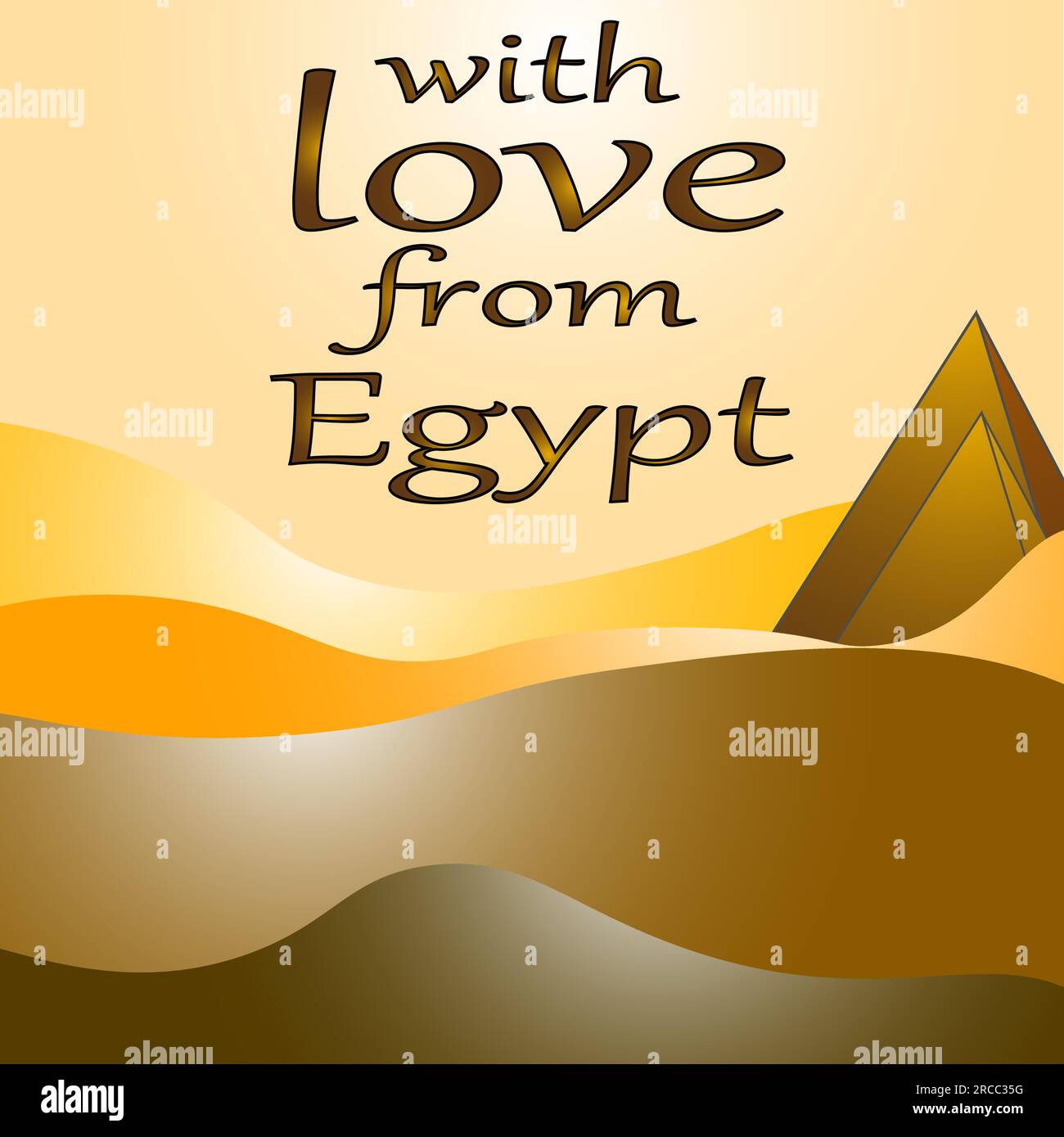 Mit Liebe aus Ägypten. Handgeschriebenes Logo, Inschrift auf dem Hintergrund der Pyramiden, Wüste, Sonnenuntergang, Kalligraphie. Logos für Banner, Poster, Postkarten Stock Vektor