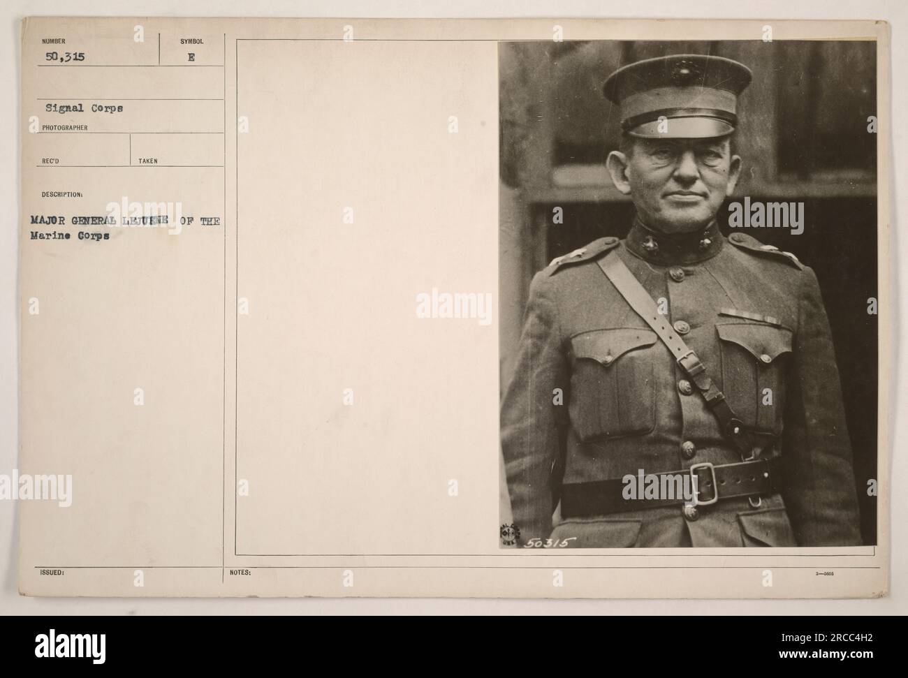 Generalmajor Lejuene vom Marinekorps, fotografiert im Ersten Weltkrieg Dieses Bild wurde vom Signalkorps aufgenommen und unter der Beschreibung "18 aufgenommen" empfangen. Das Symbol B ist ebenfalls zu sehen. Dieses Foto zeigt Major General Lejuene während seiner militärischen Aktivitäten. Stockfoto