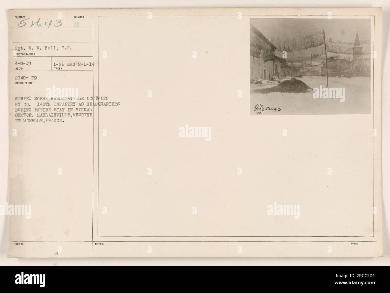 Abbildung: Co. 148. Infanterie, die Hablainville, Meurthe et Moselle, Frankreich, als Hauptsitz während ihrer Amtszeit im Bounal-Sektor nutzte. Aufgenommen von Sergeant W. W. Pell, S.C., am 4-8-19 mit der Beschreibungsnummer ausgestellt am 1-21 und 2-1-19. Das Foto zeigt eine Straßenszene in Hablainville. (Hinweis: 092643) Stockfoto