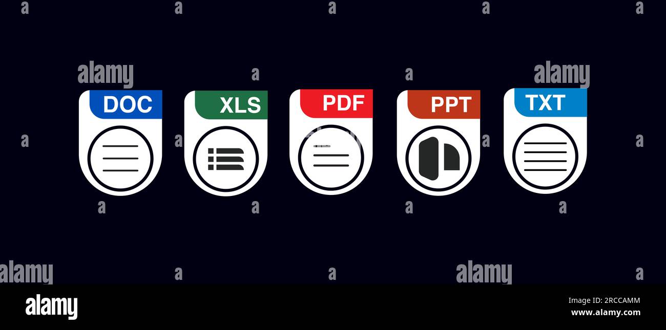Symbolgruppe für Dateityp. Beliebtes Dateiformat und Dokument im flachen Design. Format und Erweiterung der Dokumente. Satz von Grafikvorlagen Stockfoto