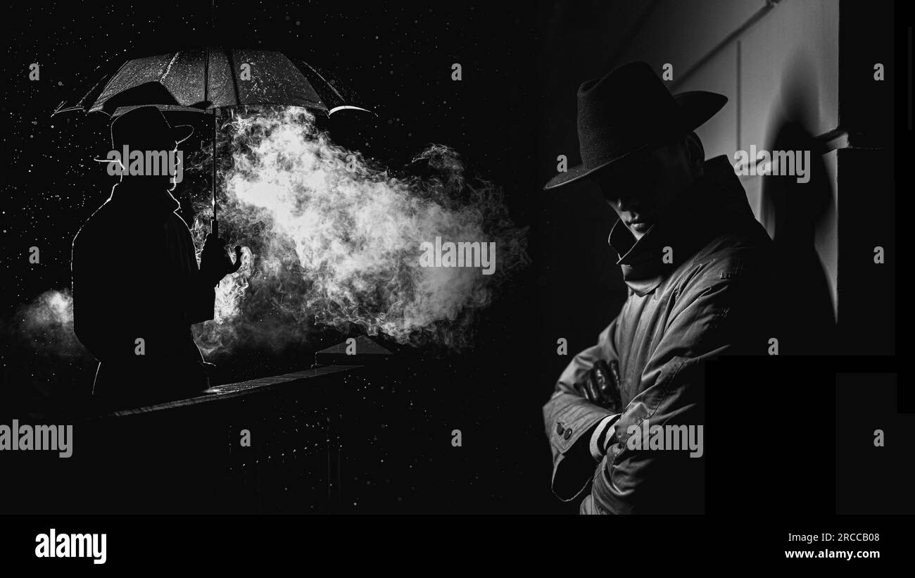 Ein Mann spioniert Detektiv in einer dunklen, regnerischen Stadt bei Nacht im Noir-Stil. Collage der männlichen Silhouette der Mafia im Filmstil Stockfoto