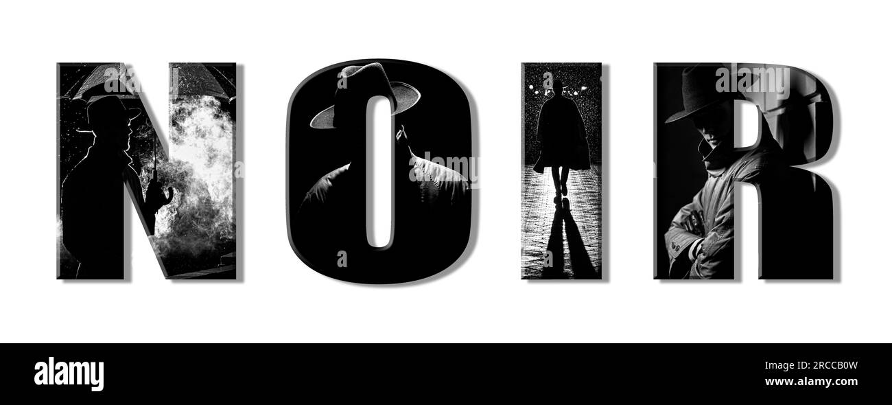 Inschrift Noir auf weißem Hintergrund. Collage mit einem männlichen Spionage-Detective in Regenmantel und Hut in einer Nachtstadt mit Regen im Stil eines Films Stockfoto