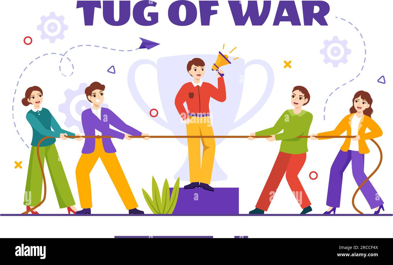 Tug-of-war-Vektor-Illustration mit Menschen, die bei Business Competition gegensätzliche Enden von Rope ziehen, in flachen, handgezeichneten Vorlagen für den Hintergrund Stock Vektor
