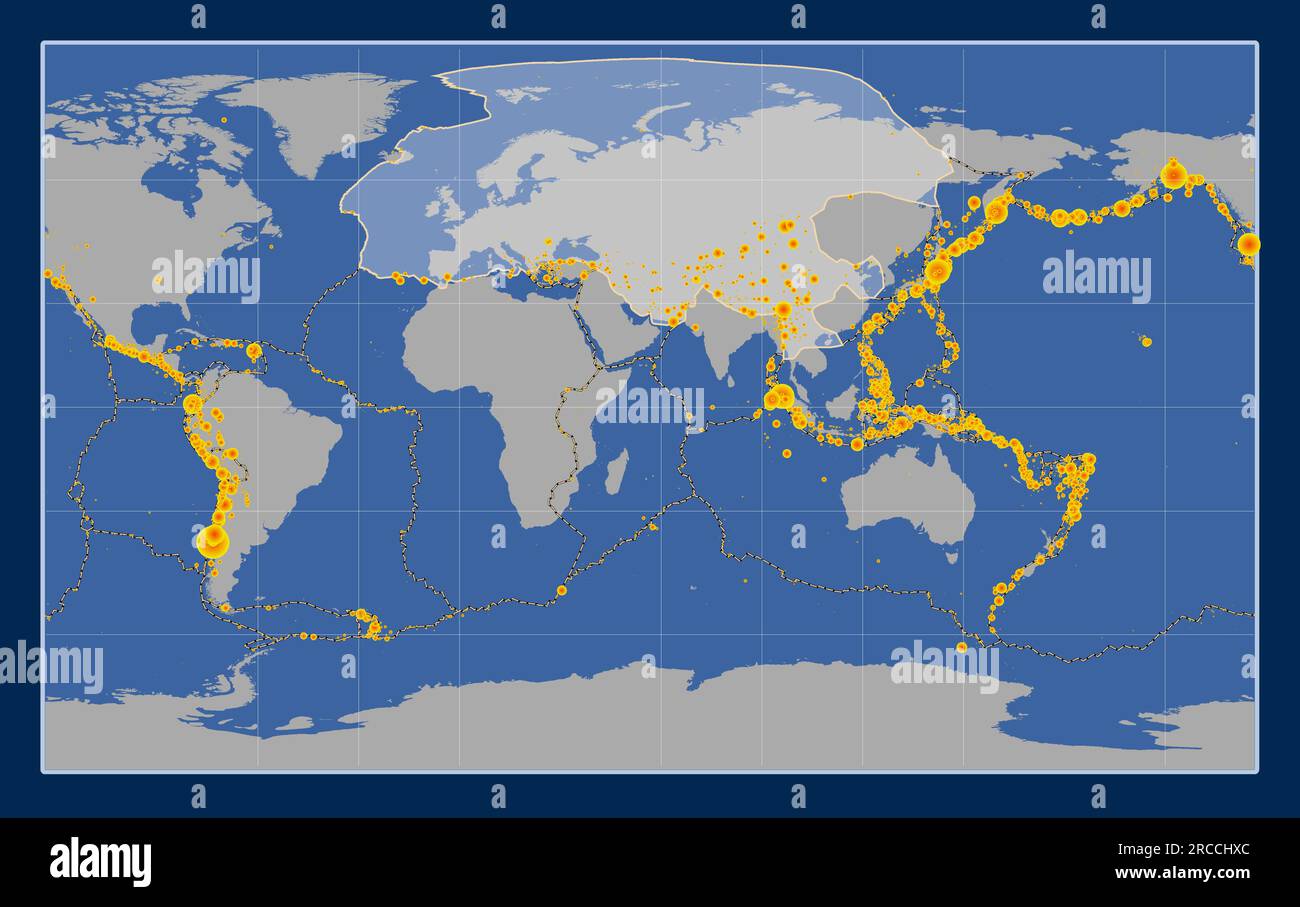 Form der eurasischen tektonischen Platte auf der Volumenkonturkarte in der Compact Miller-Projektion, mittig zentriert. Erdbebenstandorte über R Stock Vektor