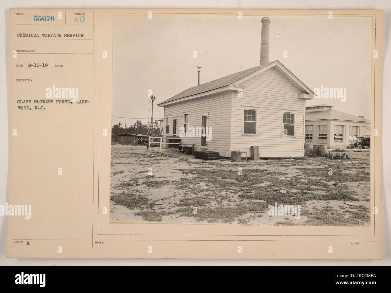 Ein Foto des Glass Blowers' House in Lakewood, New Jersey, aufgenommen von einem Fotografen vom Chemical Warfare Service im 1. Weltkrieg Bildbeschreibungsnummer von AU ausgegeben. Wichtige Funktionen oder Kommentare zum Foto werden nicht bereitgestellt. Stockfoto