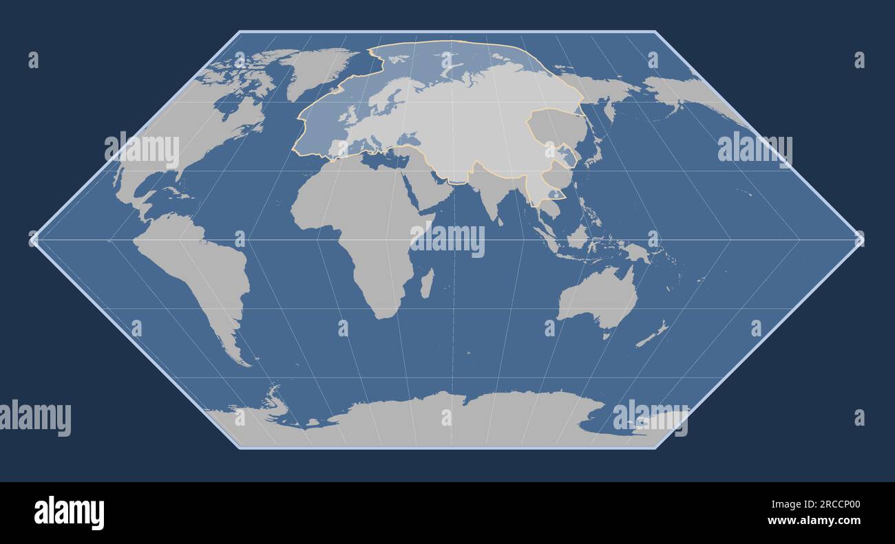 Die Form der eurasischen tektonischen Platte auf der Volumenkonturkarte in der meridional zentrierten Eckert-I-Projektion. Stock Vektor