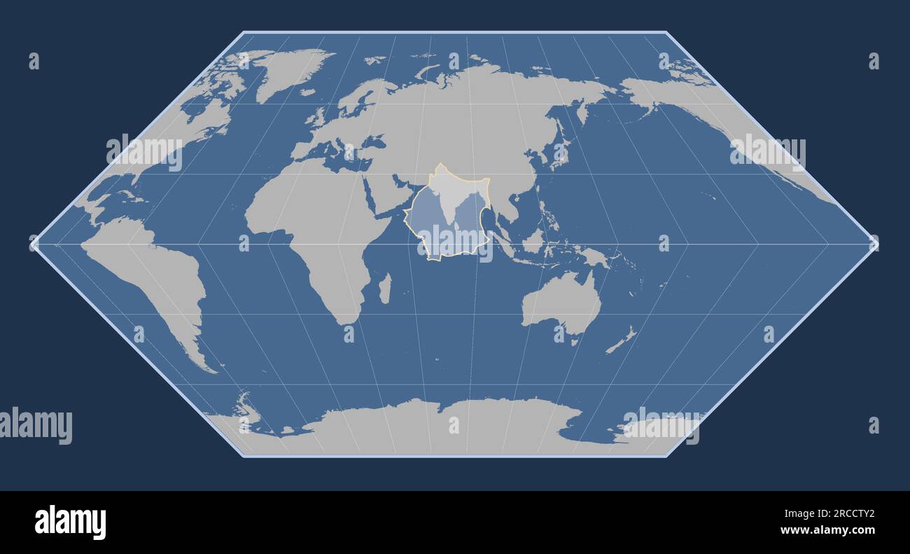 Die Form der indischen tektonischen Platte auf der Volumenkonturkarte in der meridional zentrierten Eckert-I-Projektion. Stock Vektor