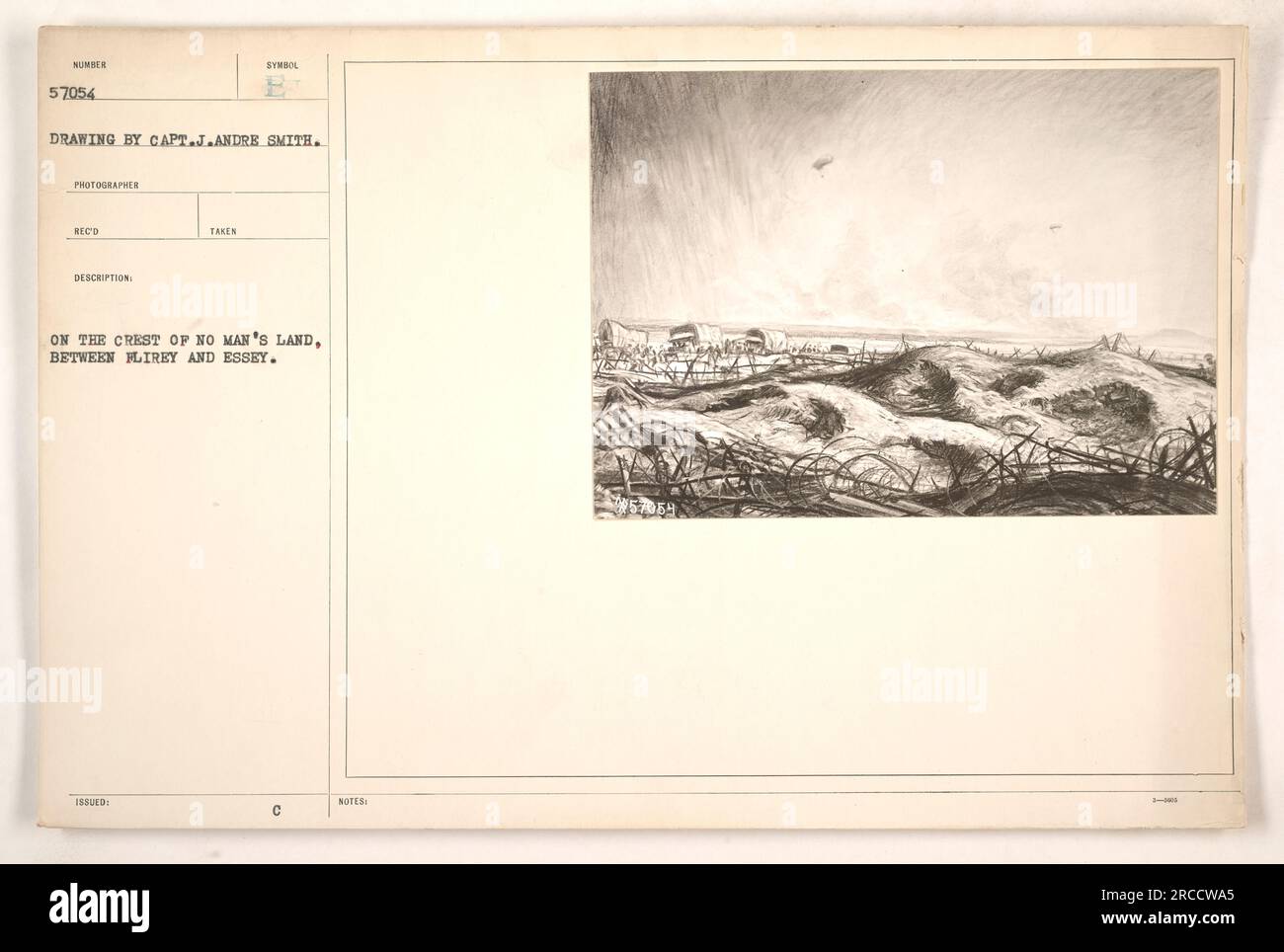 Dieses Foto zeigt die Szene auf dem Wappen von No man's Land zwischen Flirey und Essey im Ersten Weltkrieg. Es ist eine Zeichnung von Captain J.A. Andre Smith und von Beco fotografiert. Das Bild zeigt eine symbolische Darstellung des damaligen Lebens auf dem Schlachtfeld. Stockfoto