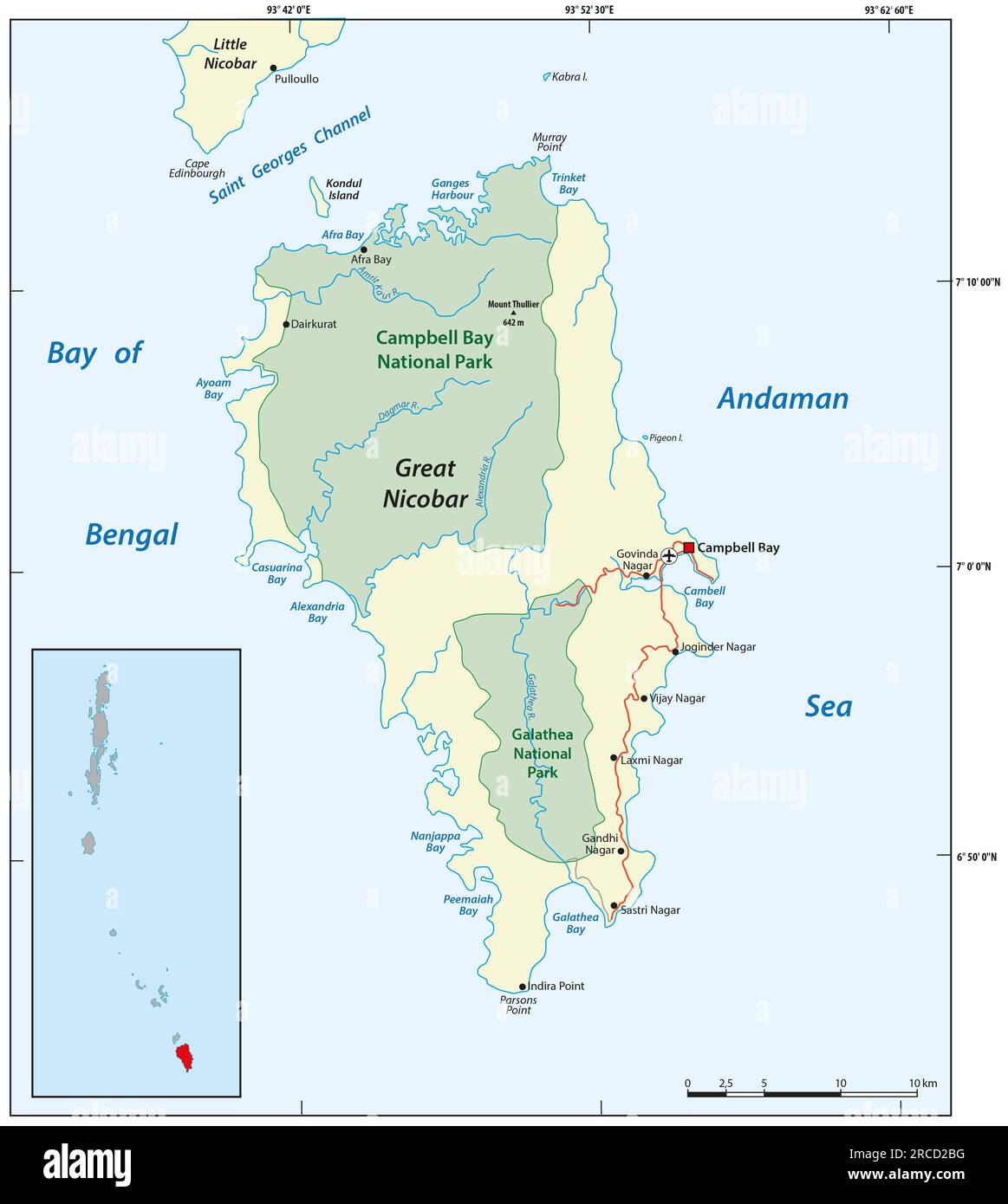 Vektorkarte der ostindischen Insel Great Nicobar Stockfoto
