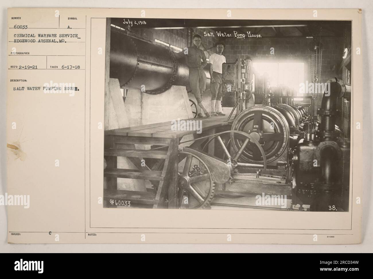 Salzwasserpumpenhaus in Edgewood Arsenal, MD. Foto aufgenommen am 17. Juni 1918. Diese Einrichtung wurde vom Chemical Warfare Service während des Ersten Weltkriegs genutzt. Fotograf Reco. Symbol ausgegeben am 19. Februar 1921. Beschreibung: Salzwasserpumpenhaus. Hinweise: 2., 1918., 960033. Juli Salzwasserpumpenhaus.“ Stockfoto