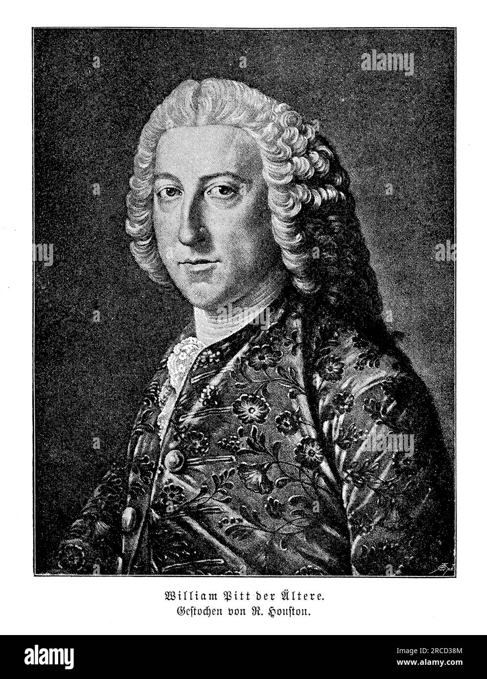 Porträt von William Pitt, dem Ältesten, dem prominenten britischen Staatsmann und Politiker im 18. Jahrhundert. Er wurde am 15. November 1708 geboren und diente von 1766 bis 1768 als Premierminister Großbritanniens. Pitt war bekannt für seine außergewöhnlichen oratorischen Fähigkeiten, seine starke Führung und sein starkes Fürsprecher für die Expansion des britischen Imperiums. Er spielte eine entscheidende Rolle bei der Gestaltung der britischen Außenpolitik, insbesondere während des Siebenjährigen Krieges, in dem er die britischen Militärbemühungen gegen Frankreich unterstützte. Pitt wird auch für seine Innenpolitik, wie die Förderung des Handels, die Verringerung der Korruption und seine Fürsprecher, in Erinnerung gerufen Stockfoto