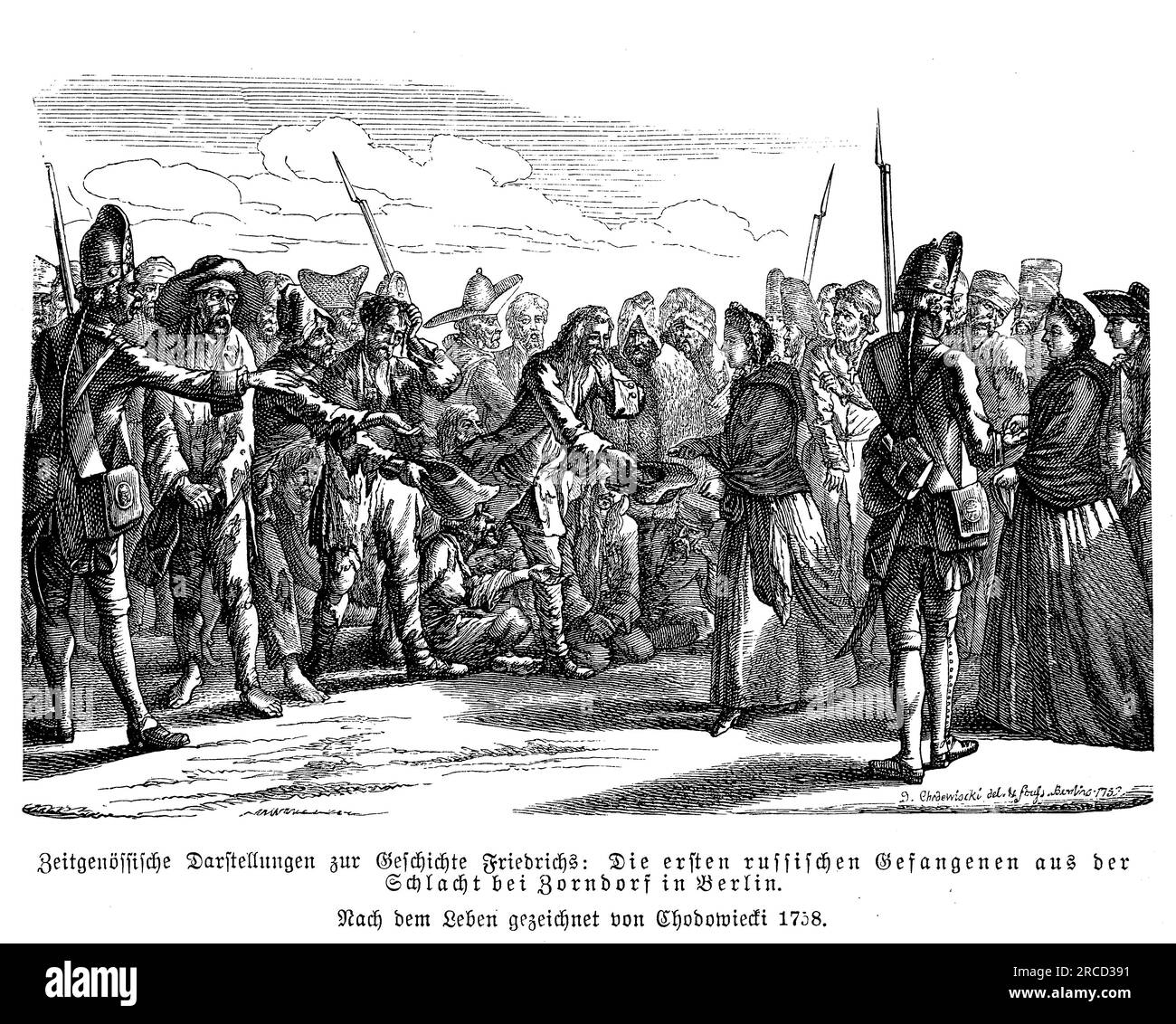 Die ersten russischen Gefangenen in der Schlacht von Zorndorf nahe Berlin im Jahr 1758, zwischen der preußischen Armee unter direkter Führung von Friedrich dem Großen und den russischen Truppen von Graf Fermor Stockfoto