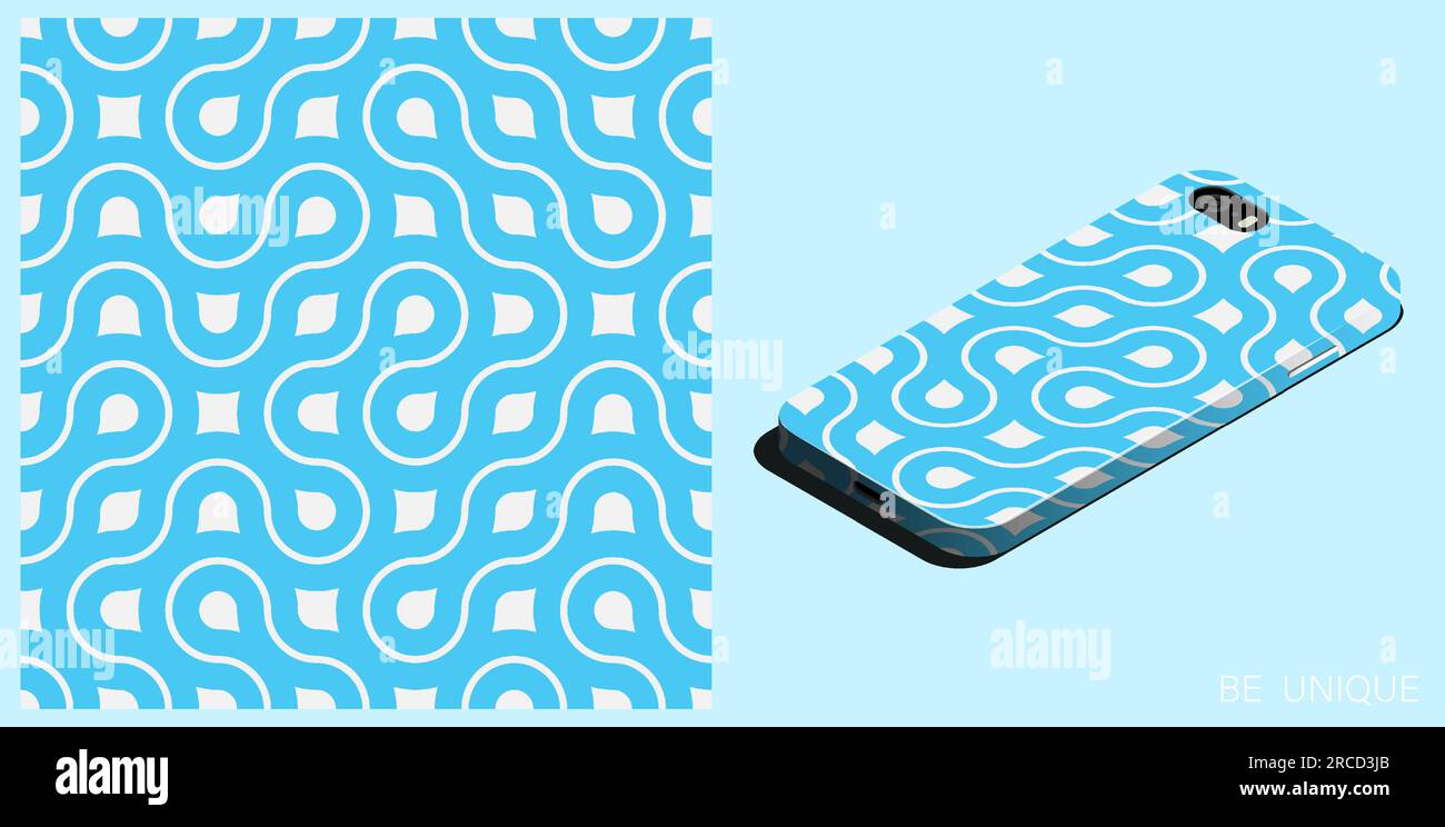 Modernes Smartphone in einzigartiger Hülle dekoriert abstraktes geometrisches Blau nahtloses Muster mit Linien und fraktalen Verzierungen. Isometrische Draufsicht. Vektor oder Name Stock Vektor