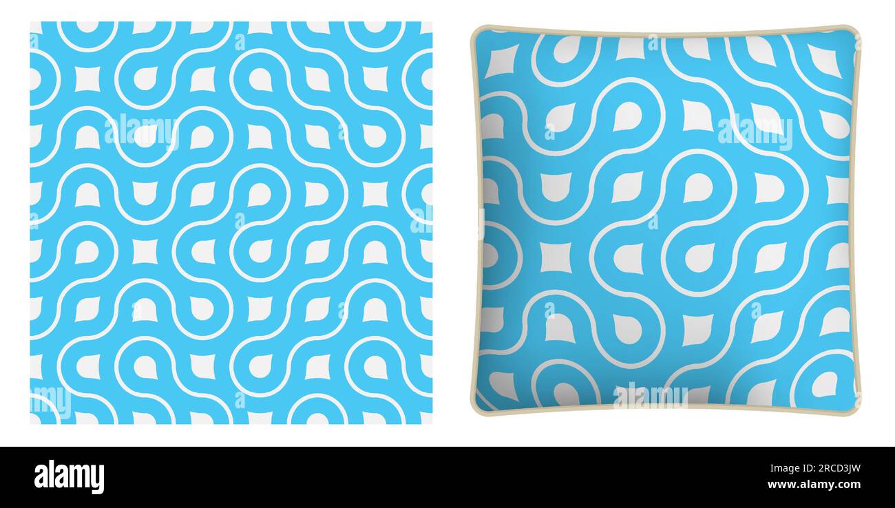 Quadratisches, dekoratives Kissen, Schlafzimmerzubehör dekoriert abstraktes geometrisches Blau, nahtloses Muster mit Linien und fraktalen Verzierungen. Vektorschmuck für de Stock Vektor